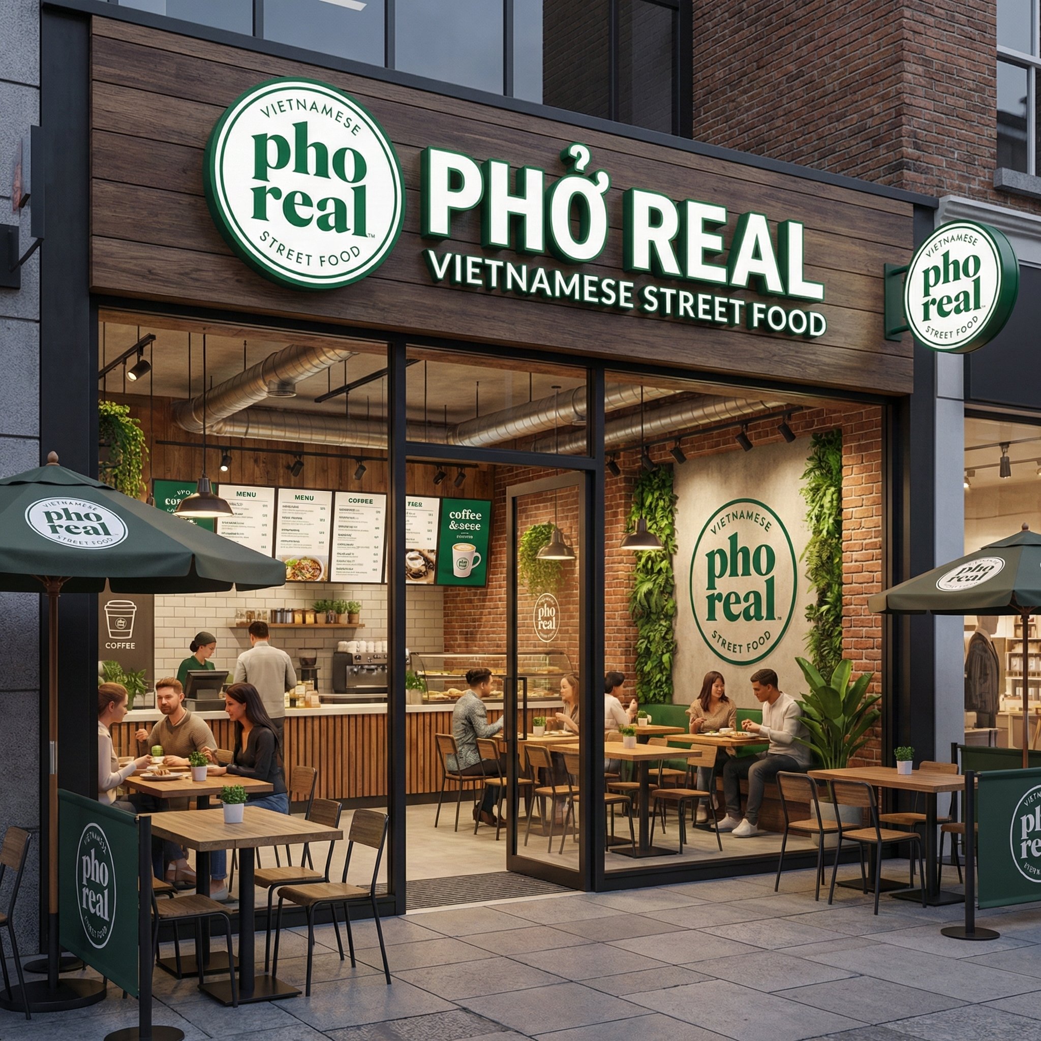 Exterior view of Pho Real Vietnamese Street Food restaurant with seating area, large signage, and outdoor umbrellas, featuring a modern urban setting.