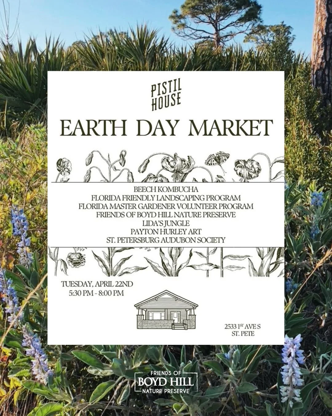 🌎 Celebrate Earth Day with us at the Market at @pistilhouse! Join us next Tuesday, April 22nd from 5:30 - 8:00 pm and meet other non-profits and local vendors, enjoy live music, drinks, and food!

Come learn more about what the Friends do for Boyd H