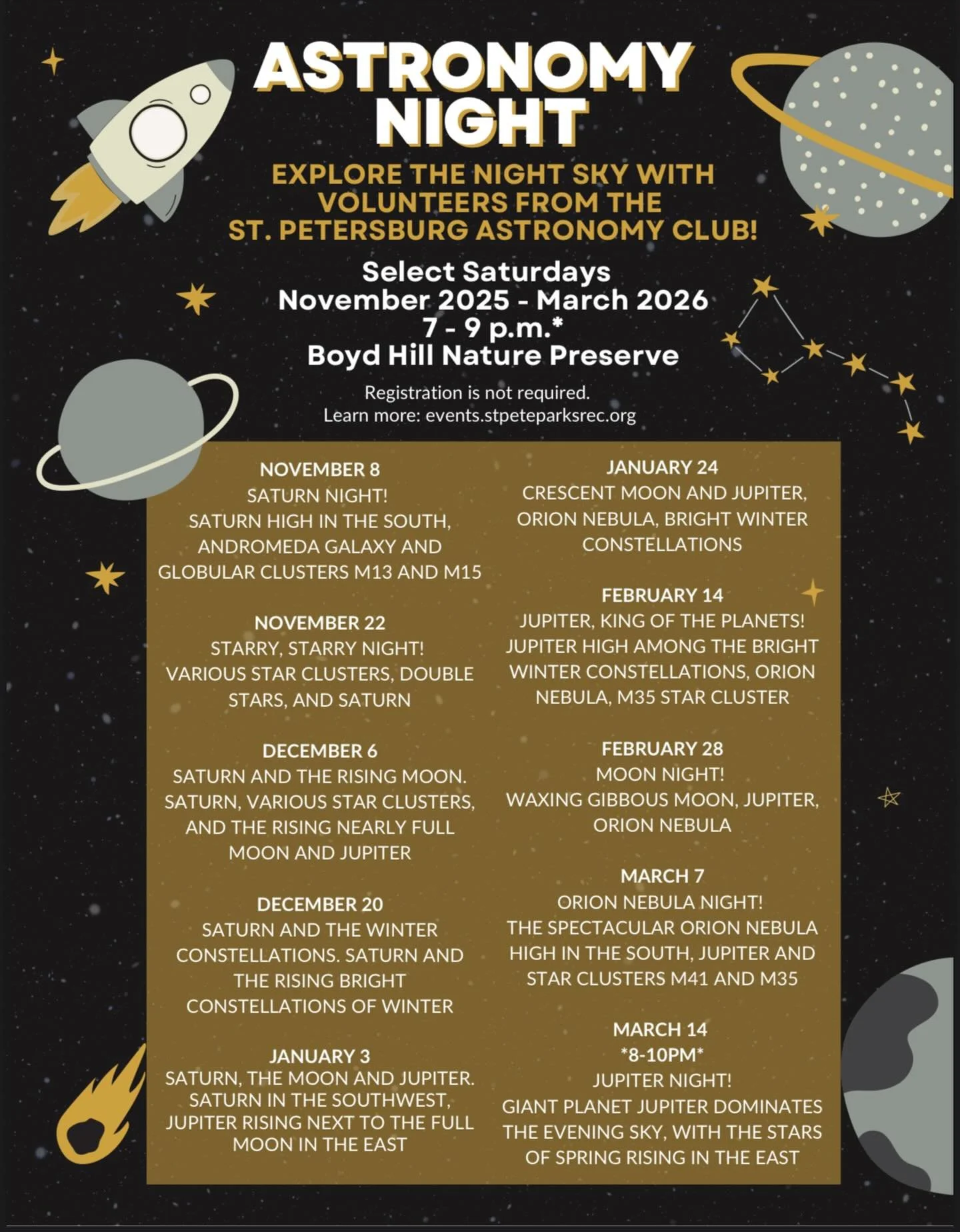 Come on out this Saturday for another fun Astronomy NIght with our friends at the St. Petersburg Astronomy Club. Admission is $5, and registration is not required. Enjoy looking through the Astronomy Club&rsquo;s telescopes while talking to their vol