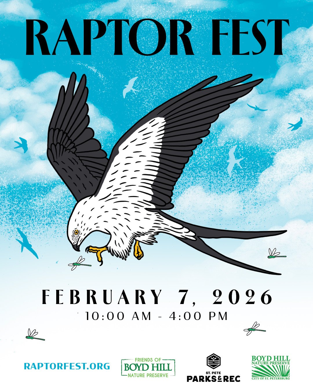 SAVE THE DATE! Featuring one of our favorite migrating raptors, the Swallow-tailed Kite, Raptor Fest returns Saturday, February 7, 2026. Join us for this free event to discover the amazing world of birds of prey and learn about the ecological role th
