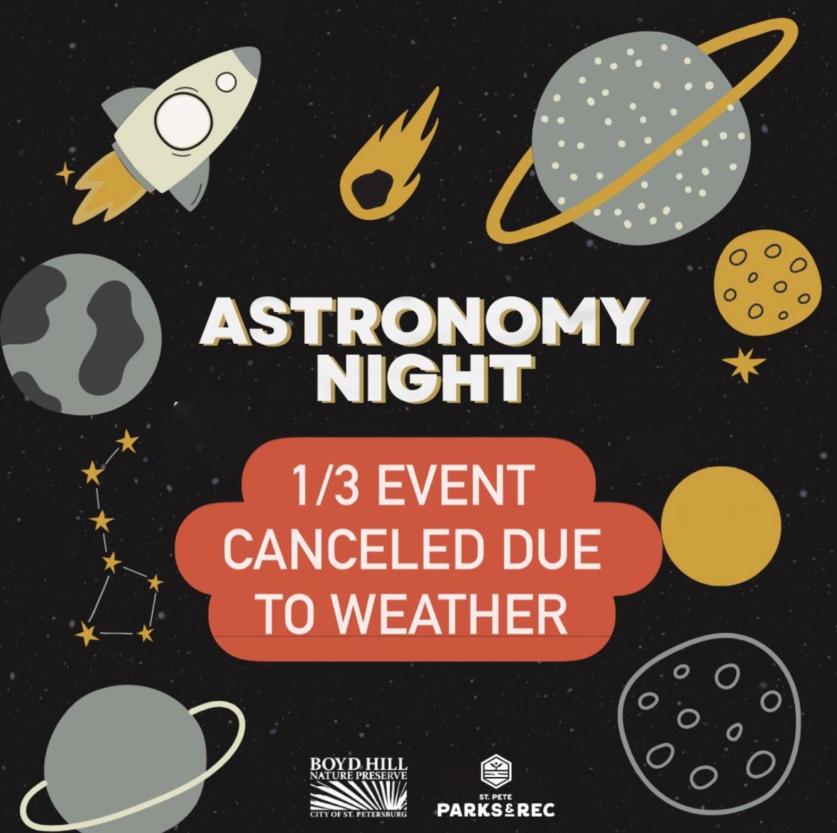 Due to cloudy weather, tomorrow&rsquo;s Astronomy Night has been canceled. We look forward to seeing everyone at our next event on January 24th! 

Visit our website to see the full Astronomy Night schedule. friendsofboydhill.org/upcoming-events