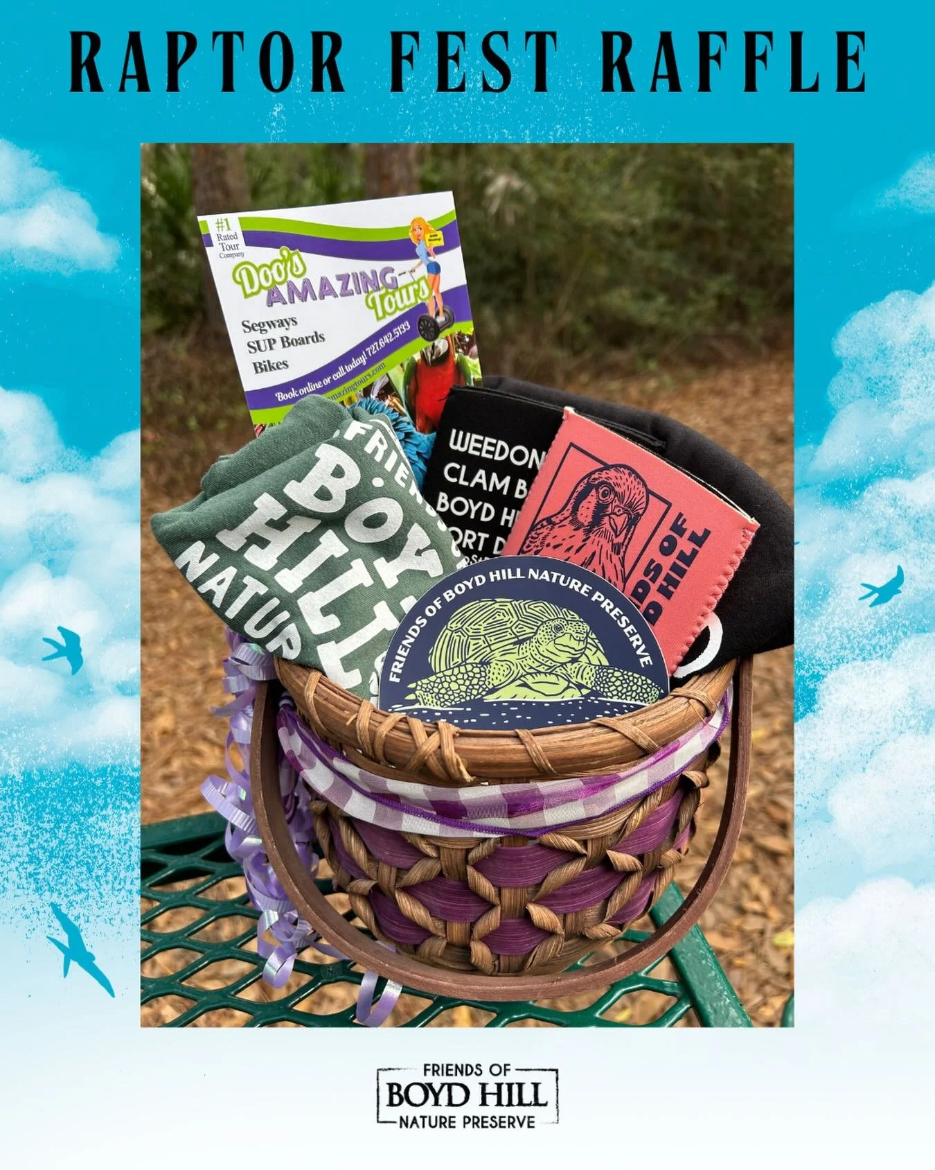 This basket includes a 2 Hour Paddleboard Tour and Lesson for (5) people, (1) Mens Friends of Boyd Hill T-shirt, (1) Women&rsquo;s Friends of Boyd Hill T-shirt and an assortment of Friends of Boyd Hill Coozies and Stickers. This basket has an approxi