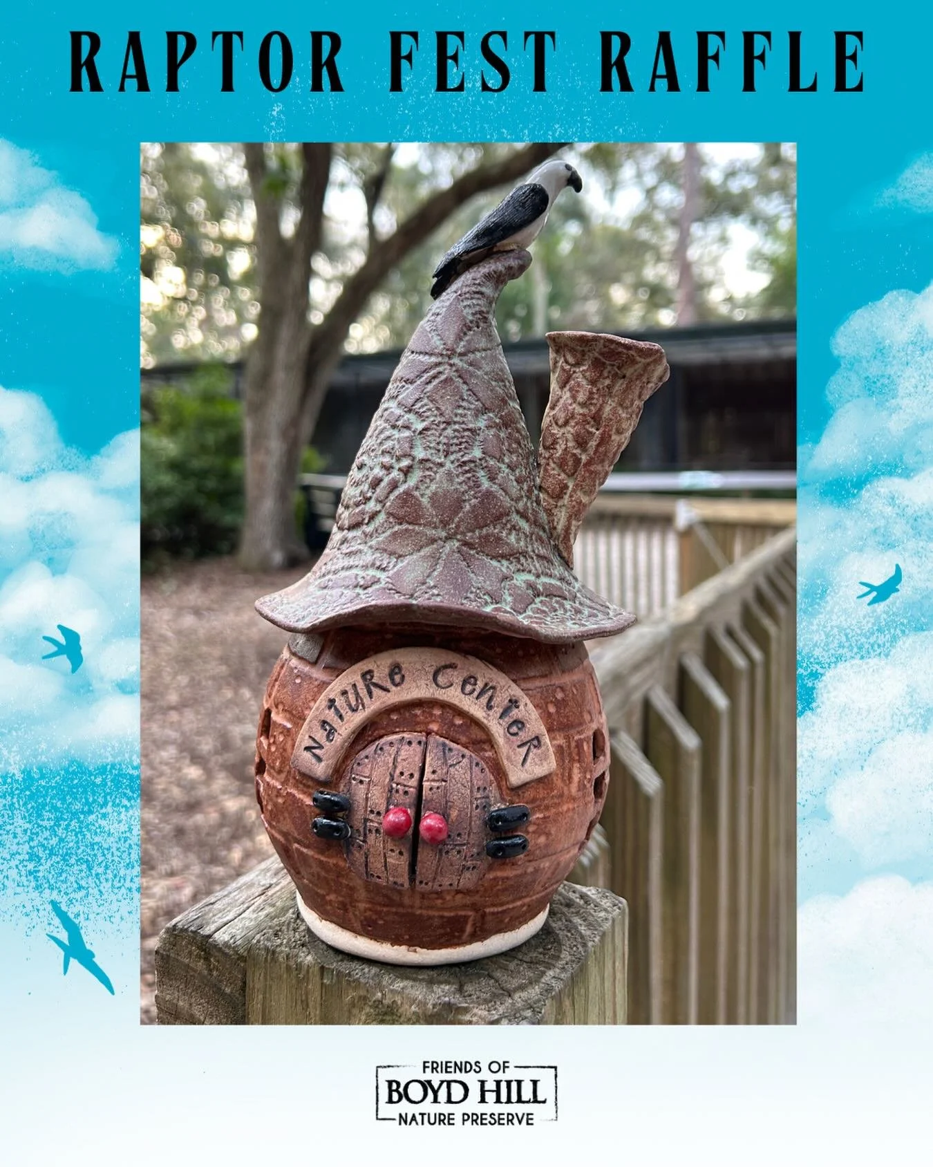 This basket includes (1) Custom Pottery &ldquo;Nature Center&rdquo; Fairy House. This basket has an approximate retail value of $100 and was generously donated by Sydney Lemieux of Getwithit Enterprises presents Adventures In Handcrafted Pottery and 