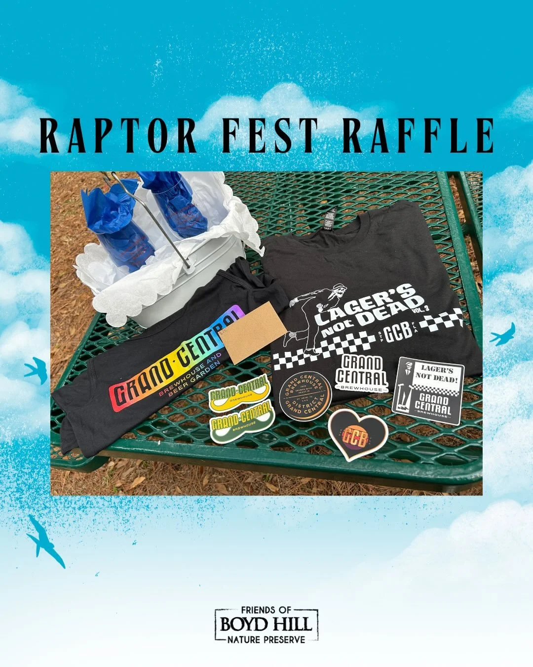 This basket includes, (2) GCB glasses, (1) GCB T-shirt, (1) GCB Tank Top, (1) $25 Gift Certificate, and assorted GCB stickers and magnets. This basket has an approximate retail value of $125 and was generously donated by @grandcentralbrewhouse. 

Tic