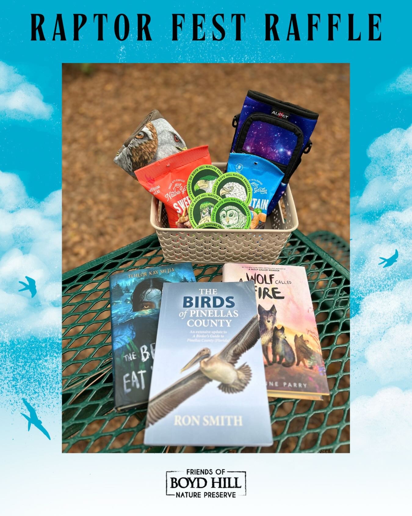 This basket includes a (1) Water bottle carrier, (1) Florida Birds of Prey T-shirt, The Birds of Pinellas County by Ron Smith, A Wolf Called Fire by Rosanne Parry, and The Better to Eat You With by Tehlor Kay Mejia, (2) Trail Mix Snack Bags, and asso