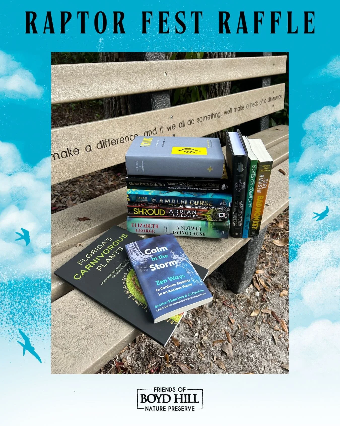 This basket includes: Calm in the Storm by Brother Phap Huu and Jo Confino, Notes on Complexity by Neil Theise, Bad Monkey by Carl Hiaasen, The I Ching or Book of Changes translation by Wilhelm Baynes, Merlin&rsquo;s Tour of the Universe by Neil DeGr