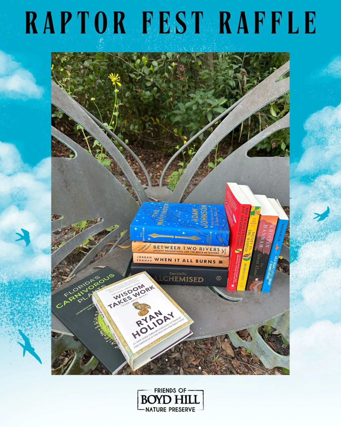 This basket includes: Wisdom Takes Work by Ryan Holiday, Lula Dean&rsquo;s Little Library of Banned Books by Kirsten Miller, The Great Alone by Kristin Hannah, Honey in the Wound by Jiyoung Han, How to Win Friends and Influence Fungi by Dr. Chris Bal
