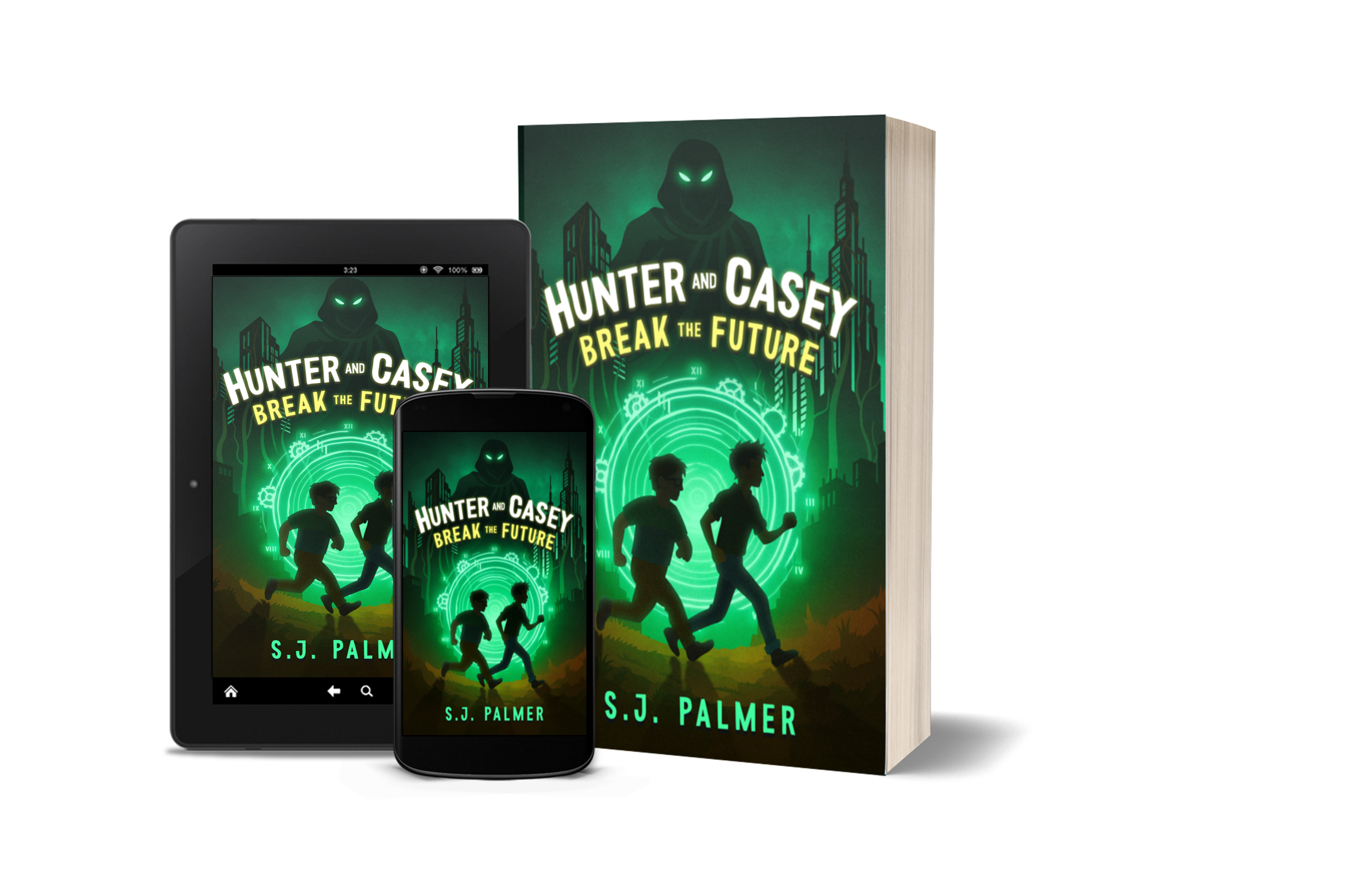 Hunter and Casey Break the Future paperback, ereader, and phone