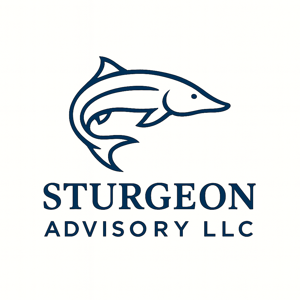 Logo of Sturgeon Advisory LLC featuring a stylized sturgeon fish in navy blue above the company name.