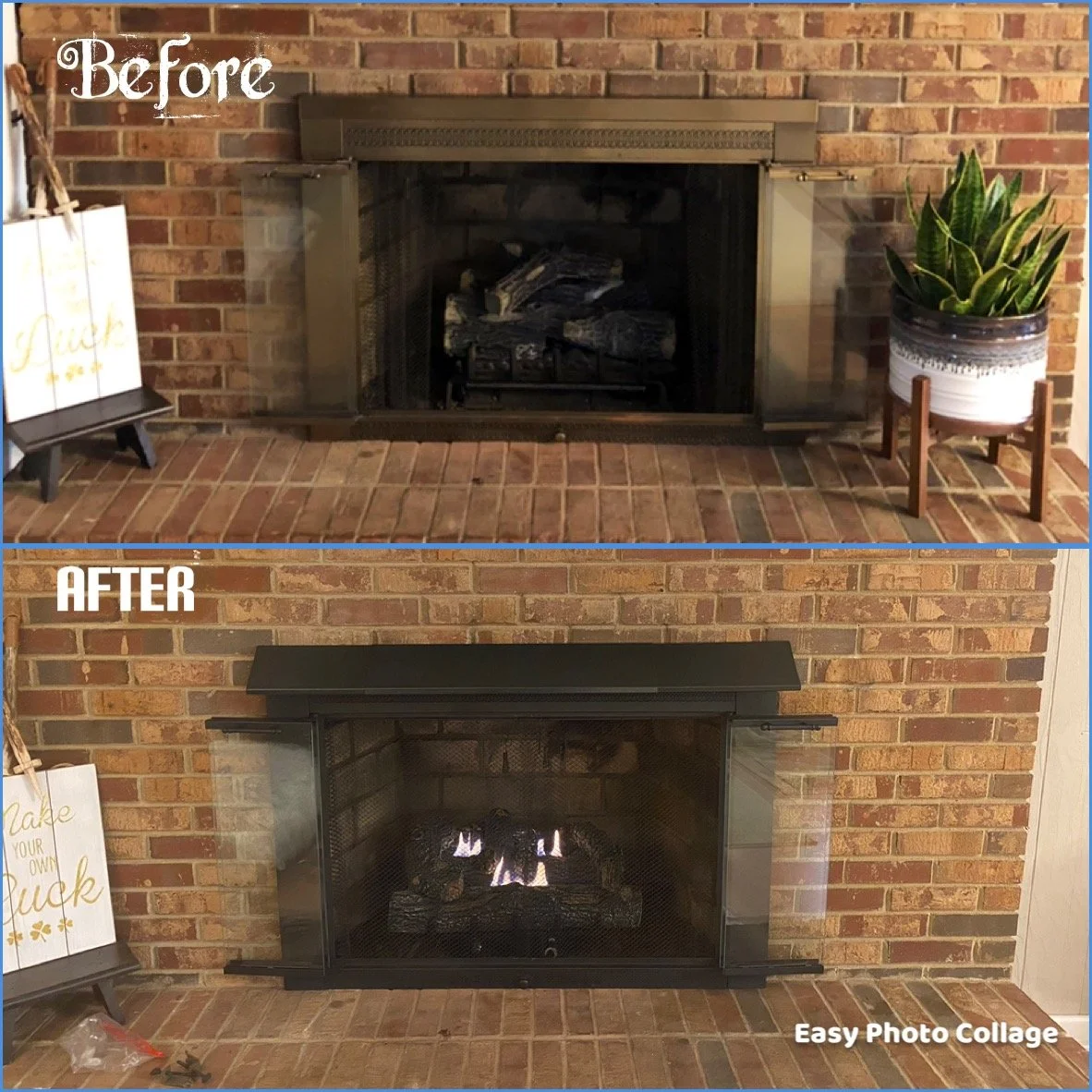 Comparison of a brick fireplace before and after a modern fireplace facelift. Top shows the original fireplace with old metal surround and logs. Bottom shows the updated fireplace with a sleek black metal frame, glass doors, and a modern gas fire.