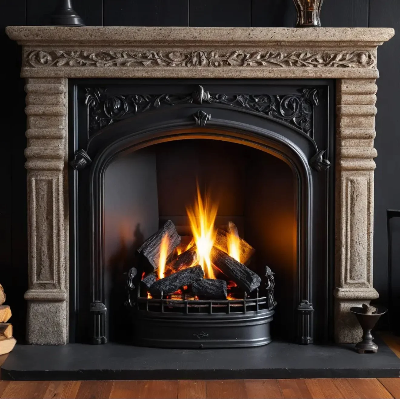 A lit fireplace with a stone mantel and black decorative ironwork, burning wood logs and emitting a warm glow, set against a dark wall and sitting on a black hearth.