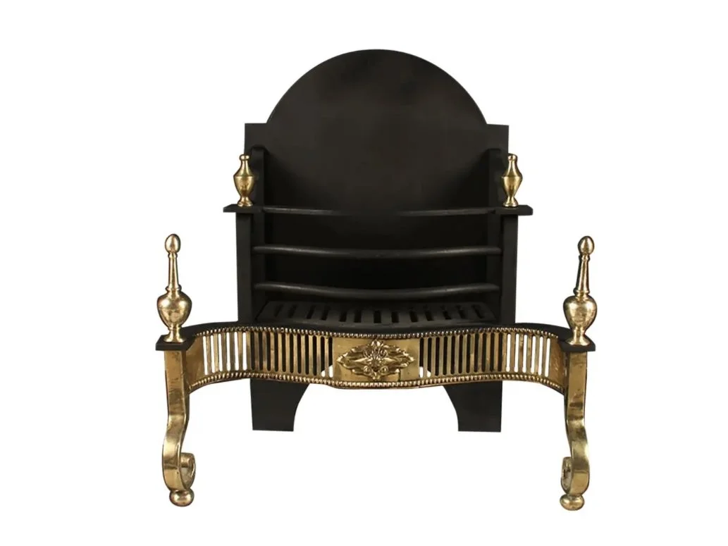 Black and gold decorative fireplace with an ornate design, set against a white background.