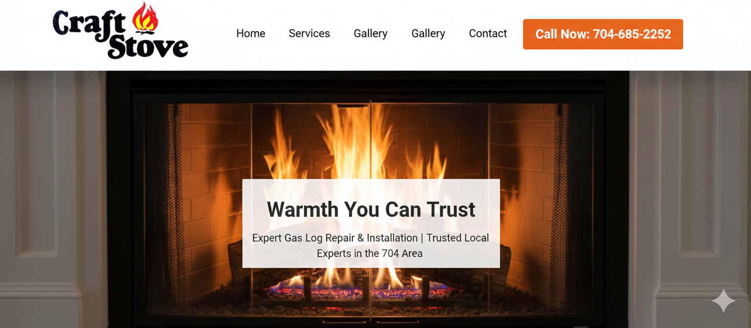 Homepage of Graft Stove website featuring a fireplace with a lit fire, the company logo, navigation menu, and a call-to-action button with contact number, and a text overlay about gas log repair and installation services in the 704 area.