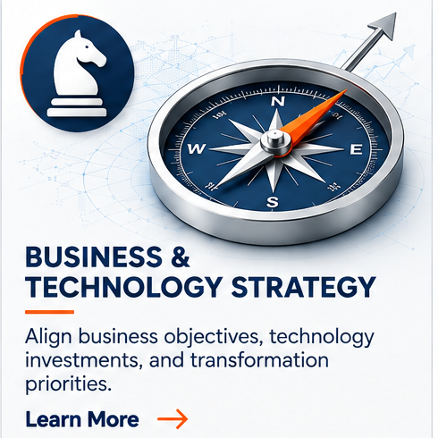A compass with a chess knight logo and the text 'Business & Technology Strategy,' encouraging aligning business objectives with technology investments and transformation priorities.