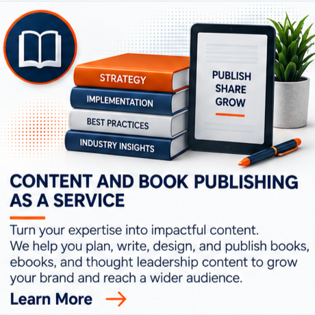 Graphic promoting content and book publishing as a service, showing a stack of books labeled 'strategy,' 'implementation,' 'best practices,' and 'industry insights,' alongside an electronic device displaying 'Publish Share Grow,' a pen, and a plant.