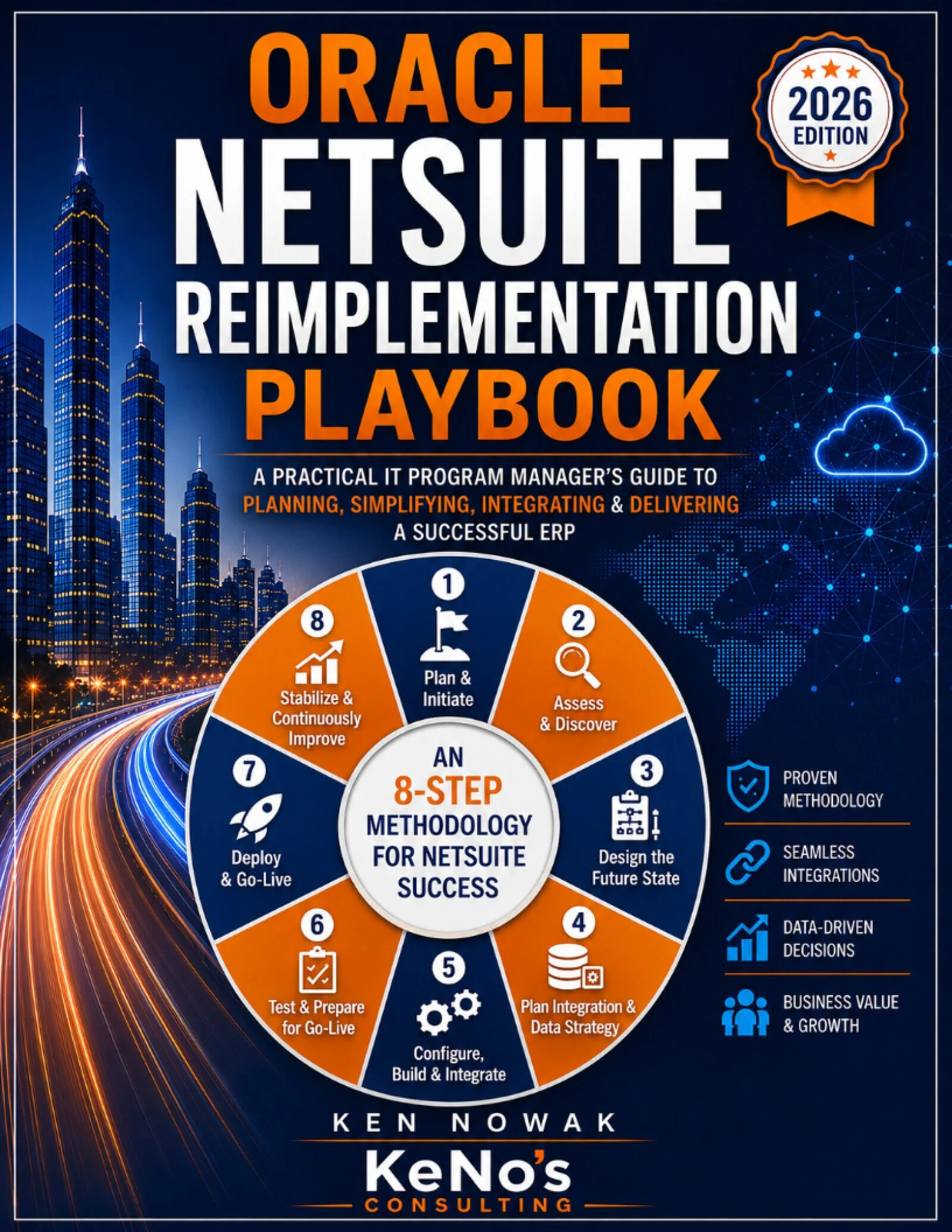 Cover of the Oracle Netsuite re-implementation playbook for 2026, authored by Ken Nowak from KeNo's Consulting. The cover features a city skyline with tall buildings on the left, a road with light trails, and a digital network background on the right. The 8-step methodology for successful Netsuite implementation is illustrated with numbered segments and icons, emphasizing planning, assessing, designing, configuring, building, deploying, stabilizing, and continuous improvement.