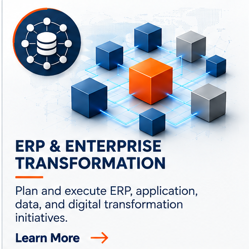A digital illustration showing interconnected 3D cubes with one central orange cube, representing ERP and enterprise transformation, with a network icon on the top left corner and text promoting ERP application, data, and digital transformation initiatives.