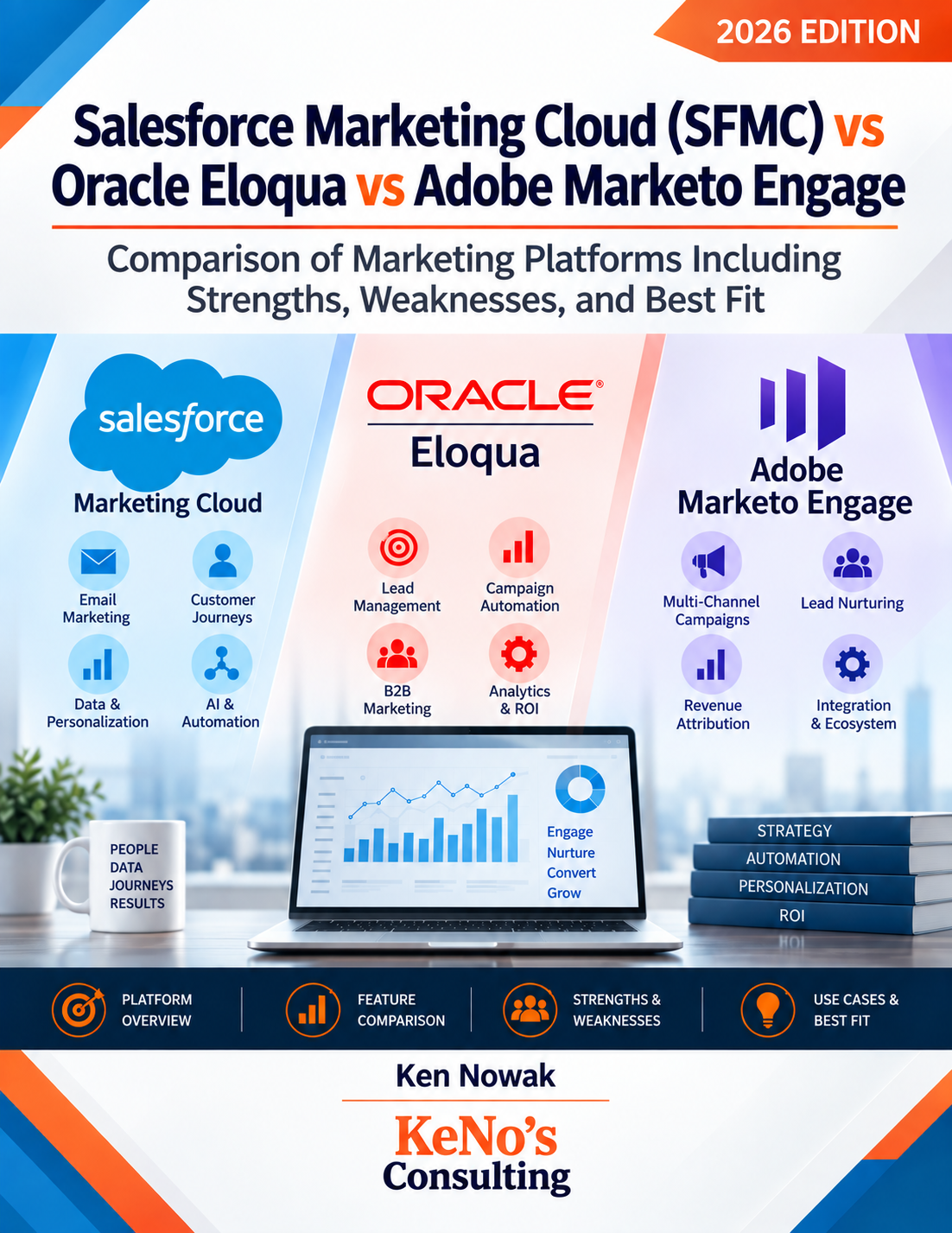 Comparison chart of marketing platforms Salesforce Marketing Cloud, Oracle Eloqua, and Adobe Marketo Engage for 2026, highlighting features, strengths, and weaknesses.