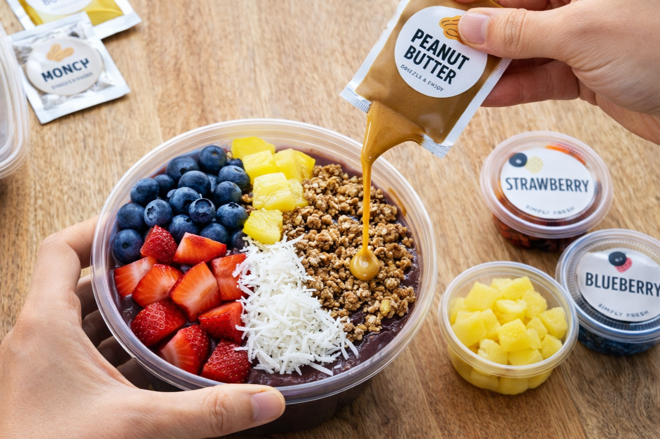 A bowl filled with fresh strawberries, blueberries, pineapple chunks, shredded coconut, and granola. Someone is pouring peanut butter from a packet onto the granola. Several small containers of blueberries, pineapple, strawberry, and granola are on a wooden table nearby.