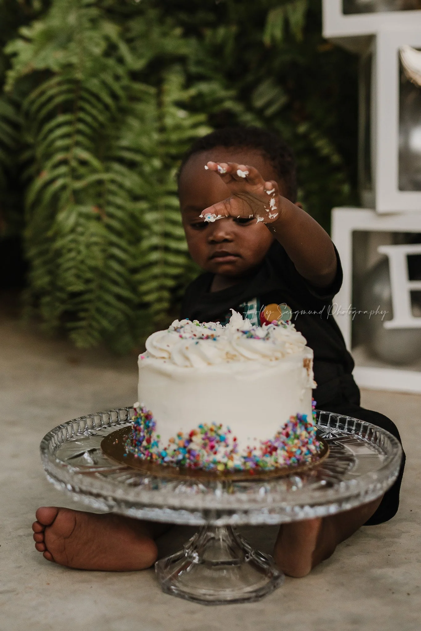 Boy smashing his first birthday cake in a greenhouse near Elgin, Texas