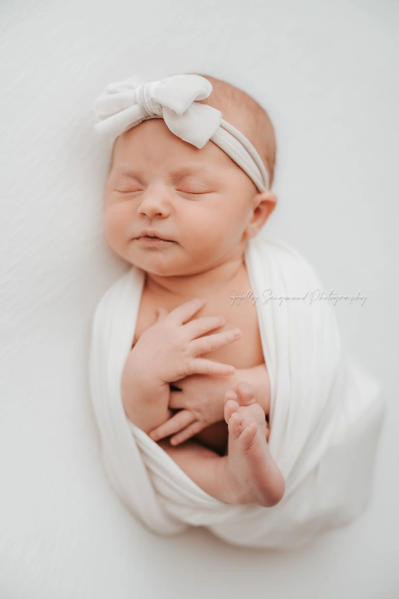 Central Texas newborn wrapped in white with a white bow on a white backdrop