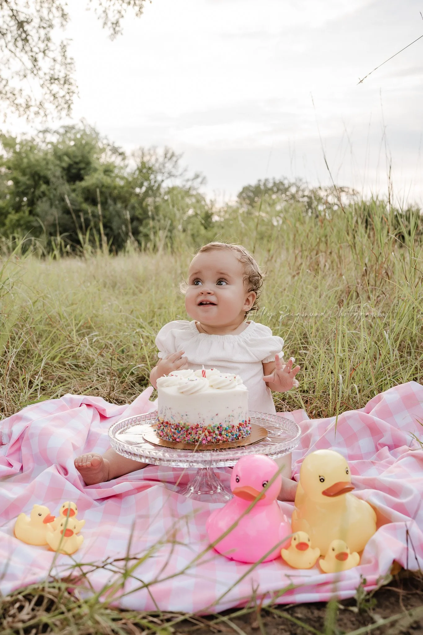 First Birthday girl sitting in the grass in Lee County Texas with her smash cake