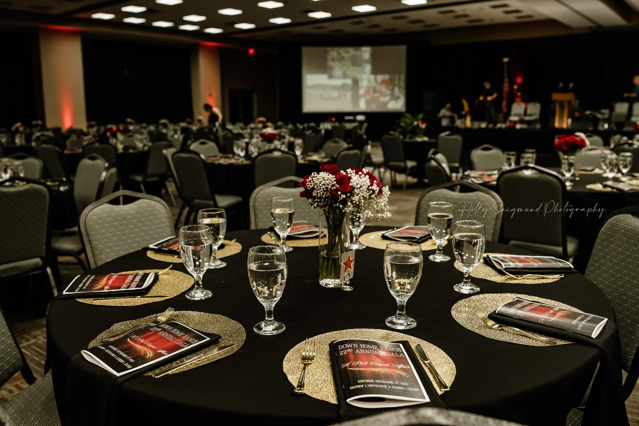 Elegant table decor at Down Home Ranch gala at Bastrop Convention Center