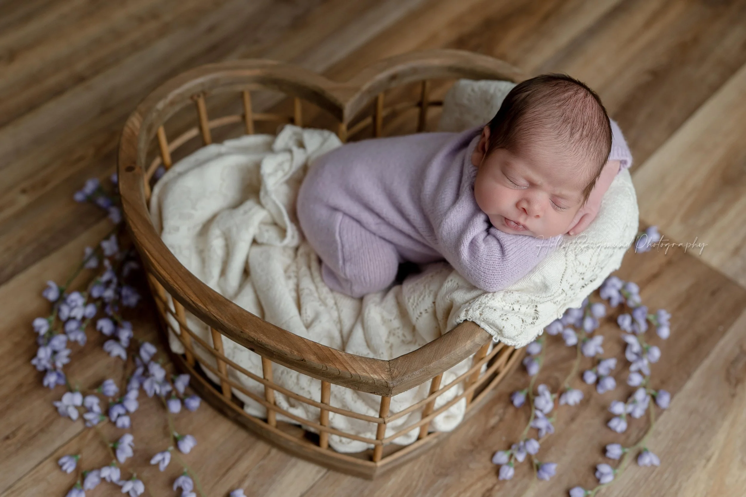 Posed newborn baby girl in a Hello Little Props Heart Cage with purple outfit and flowers in Lee County Texas