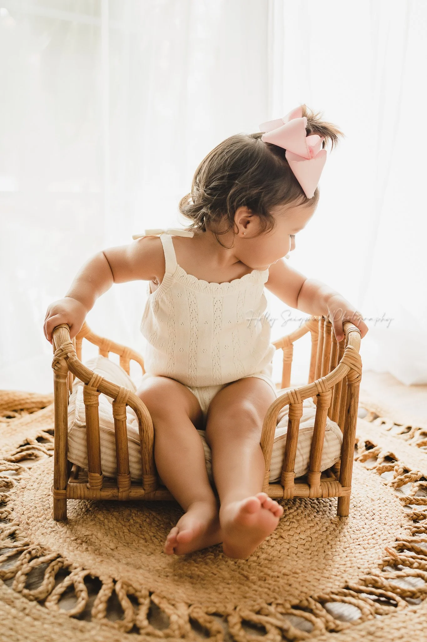 Baby girl boho first birthday photos in a natural light studio in Central Texas