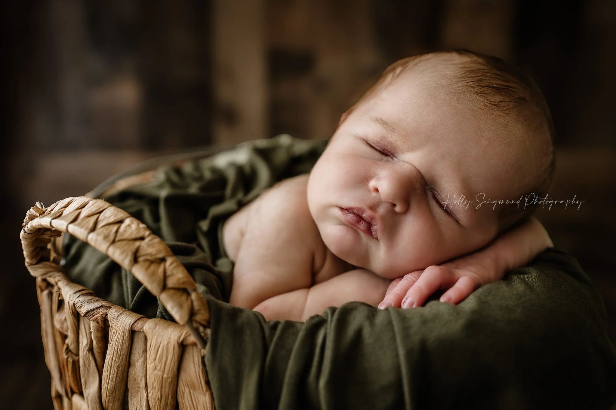 Newborn in a bucket basket with a wood backdrop in a Lee County Photography Studio