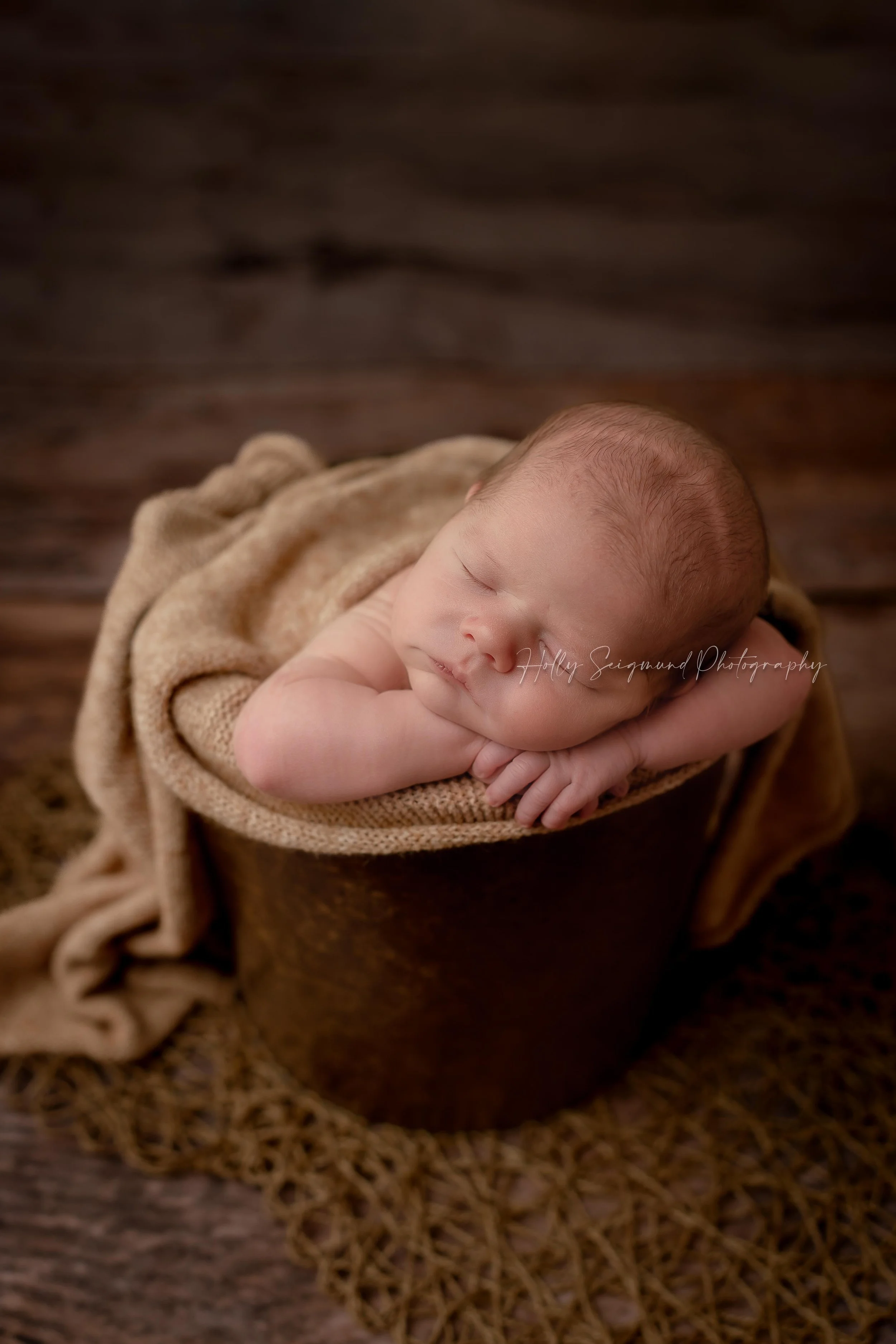 Posed newborn baby boy in a brown bucket during a studio photography session in Blue, Texas