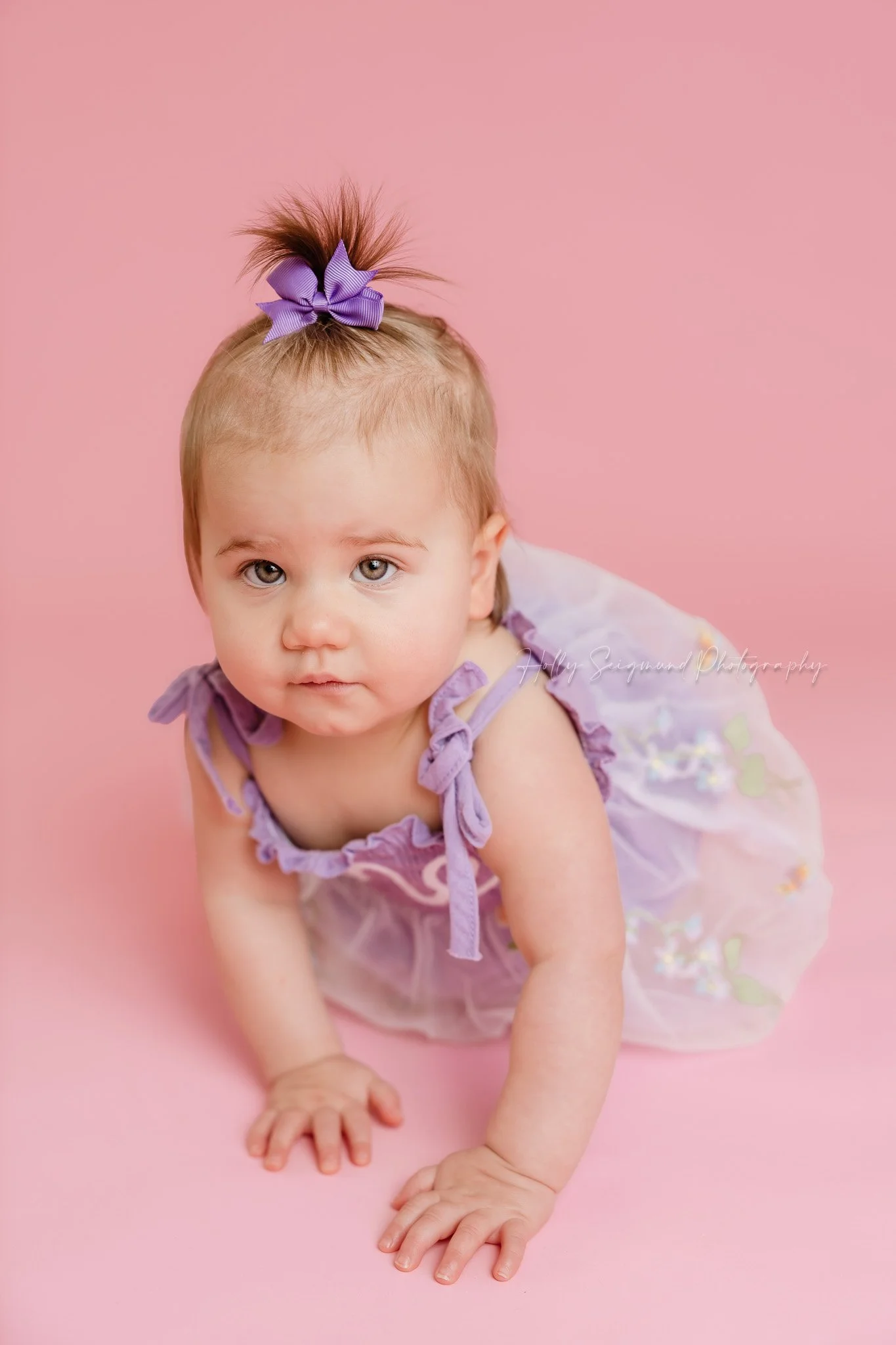 Simple pink backdrop girls first birthday photos with flash photography in a studio in 78947
