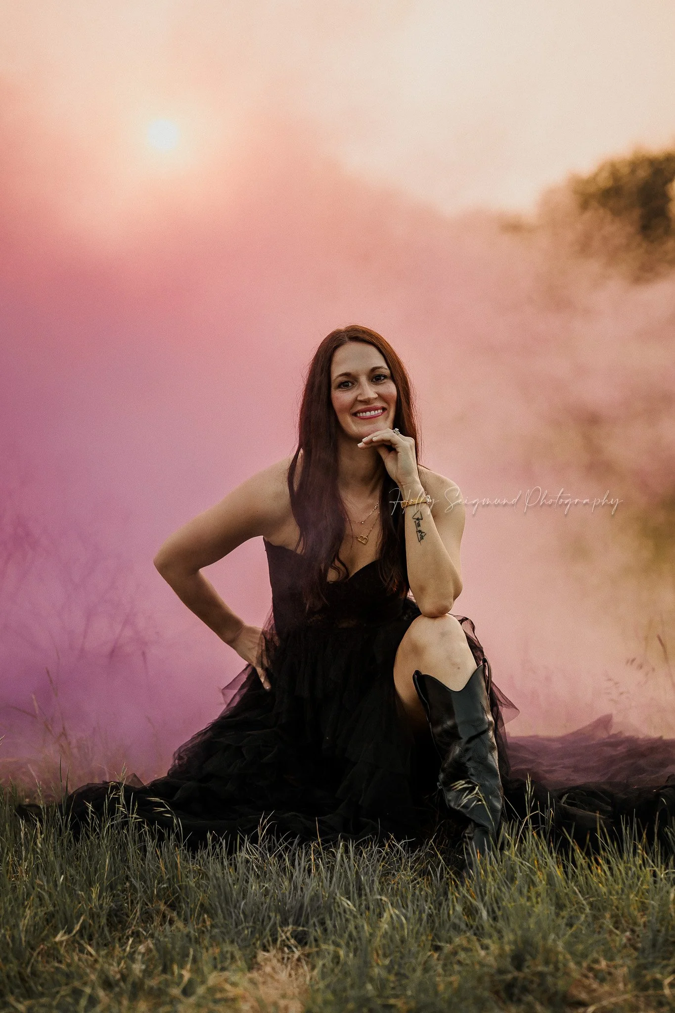 woman using a smoke bomb during her 40th birthday photoshoot in Austin Texas