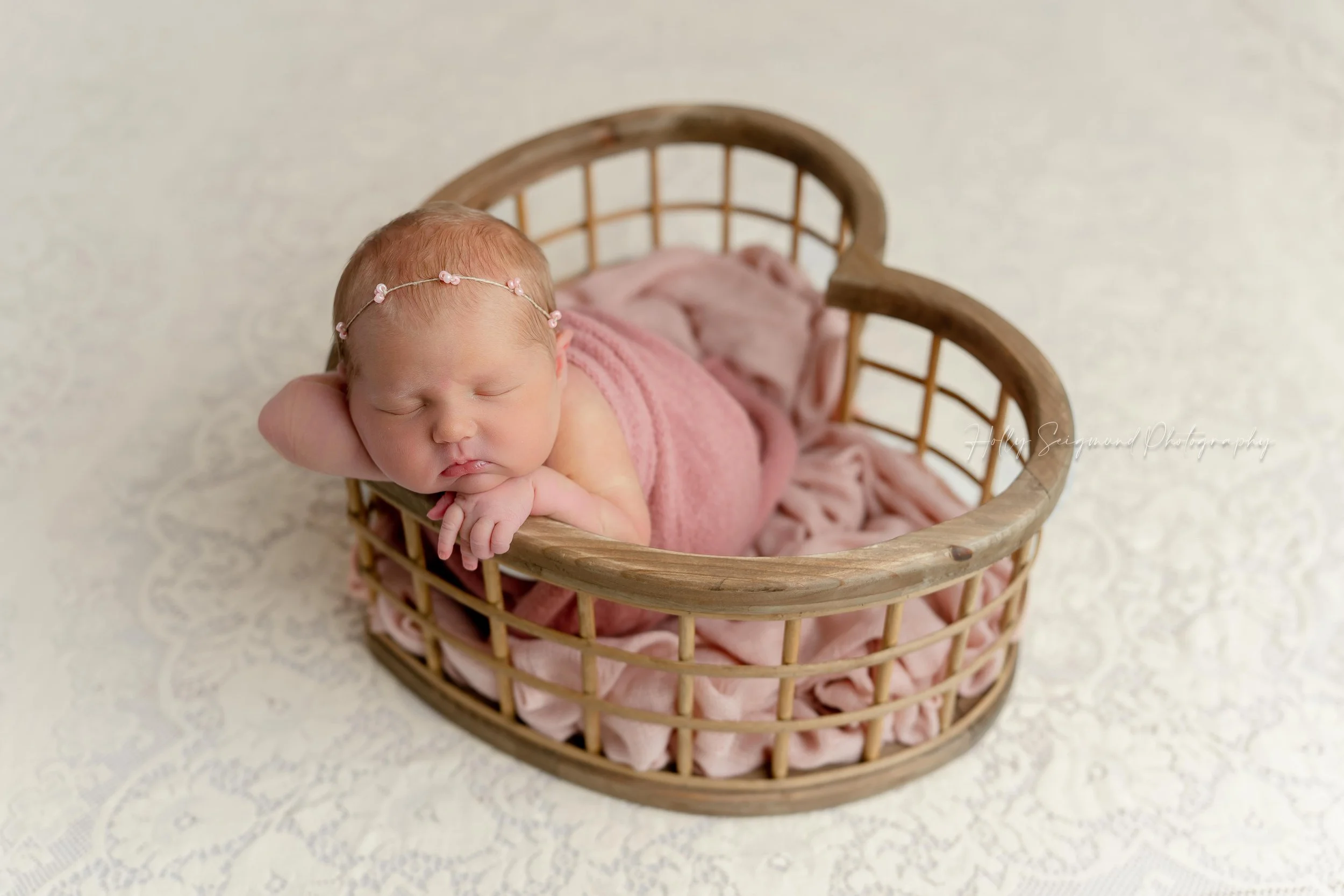 Baby girl newborn session with pink accent colors, posed in a heart cage in Lee County Texas