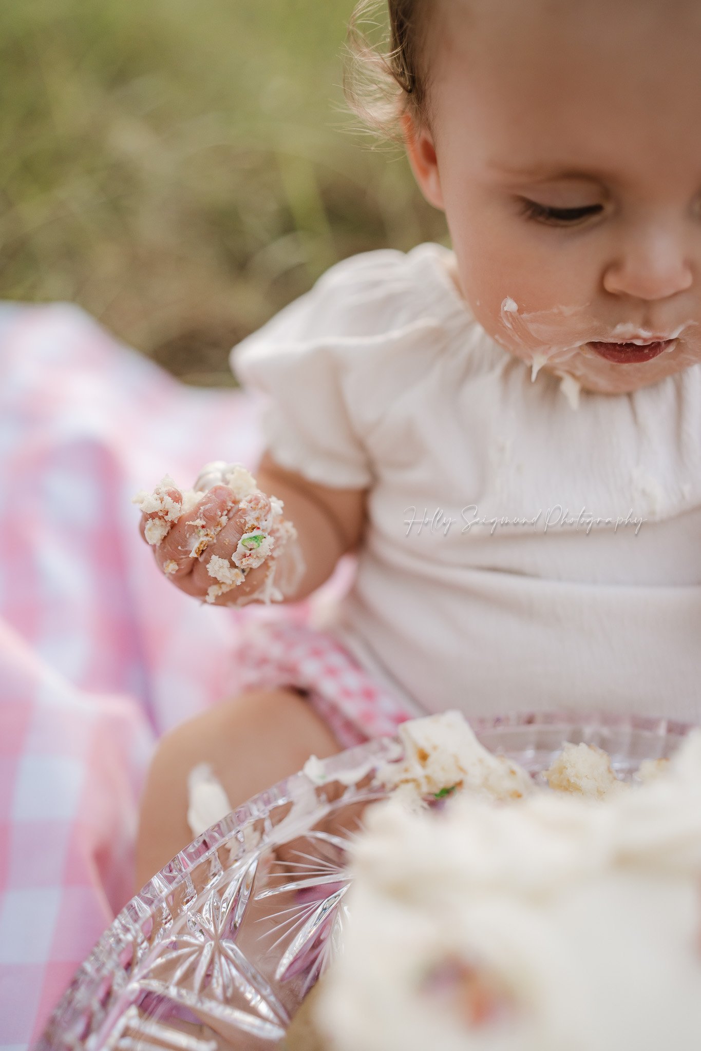 One year old girl holding smash cake during her birthday photos outdoors in Central Texas