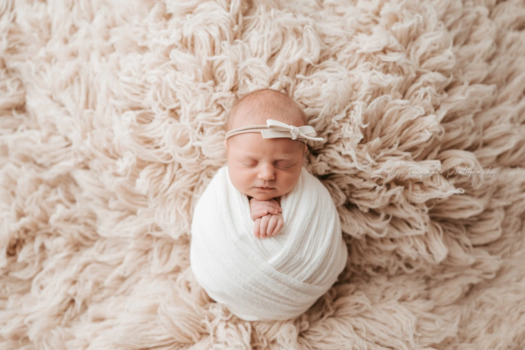 Newborn on Suede Tan flokati with bow at Lexington Photography Studio