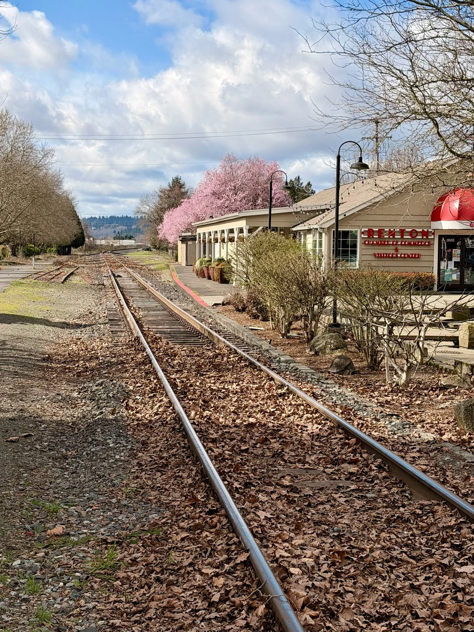A small town train station with train tracks in the foreground, trees with pink blossoms and leafless trees, a building with a sign reading 'RENTON CHAMBER OF COMMERCE & VISITOR CENTER', and a partly cloudy sky overhead.