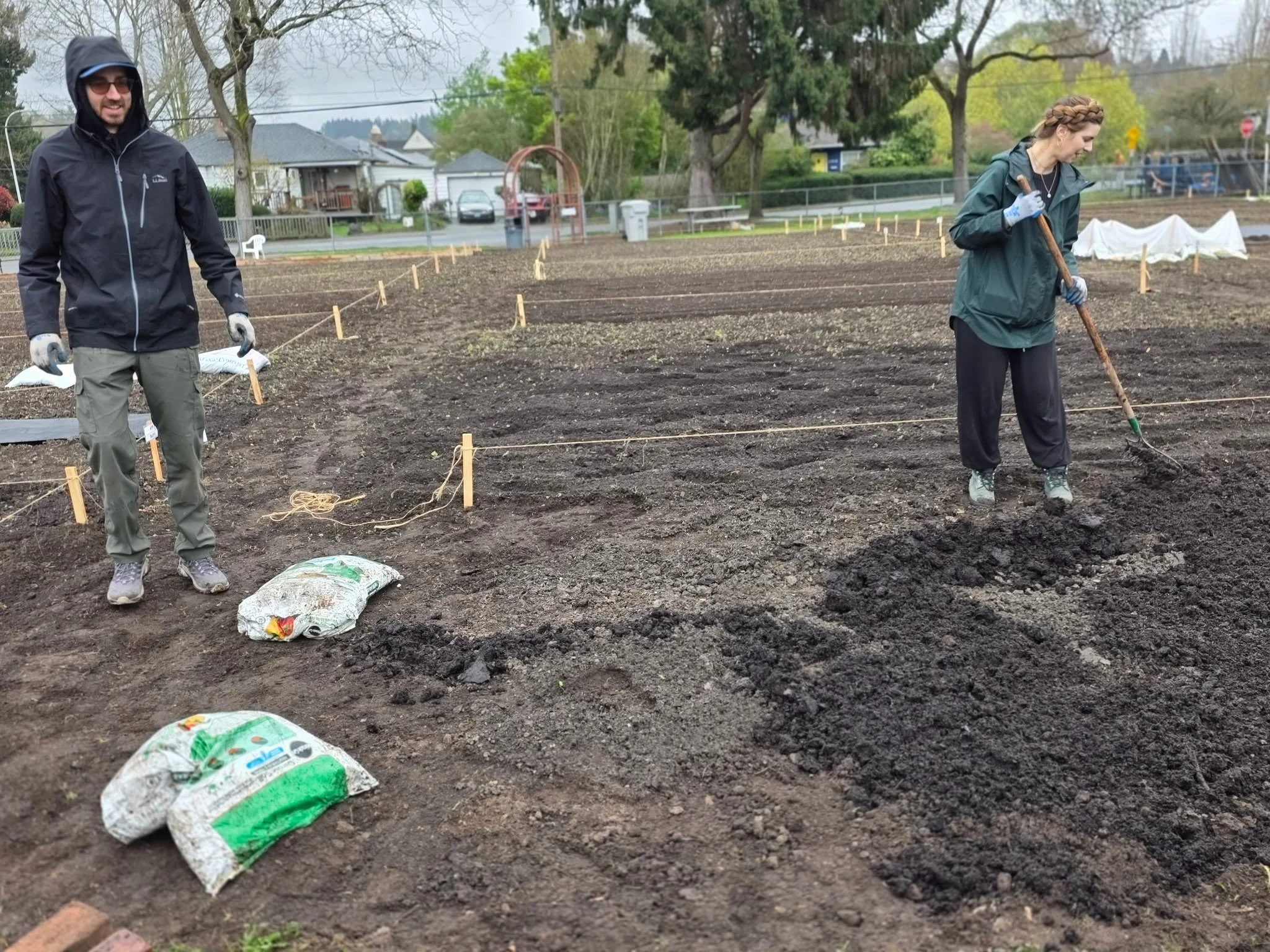 Two people working in a garden or farm, planting or tending to the soil, with green trees and houses in the background on a cloudy day.