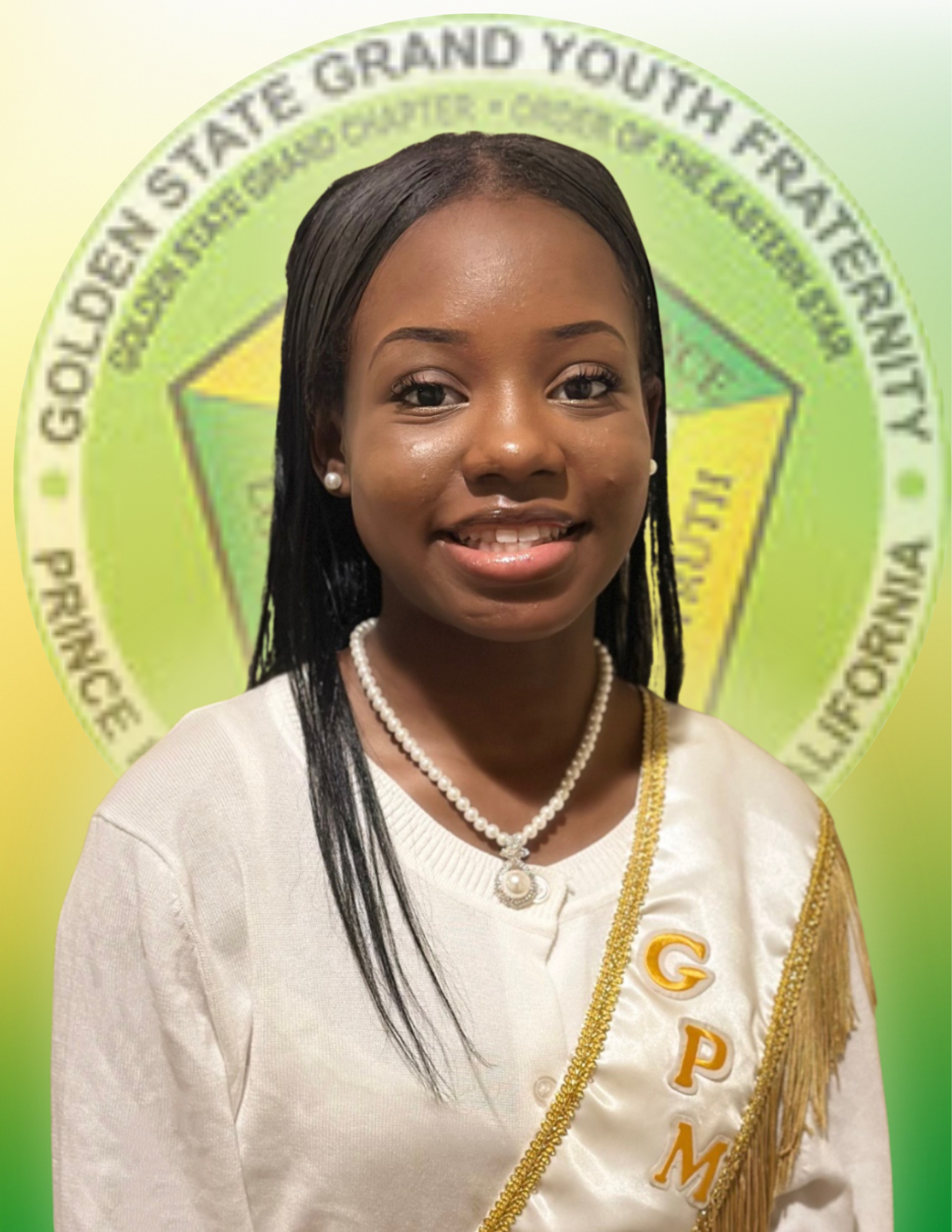 Young woman dressed in white with a pearl necklace and a sash with the letters G.P.M. standing in front of a green and yellow emblem of the Golden State Youth Federation of California.