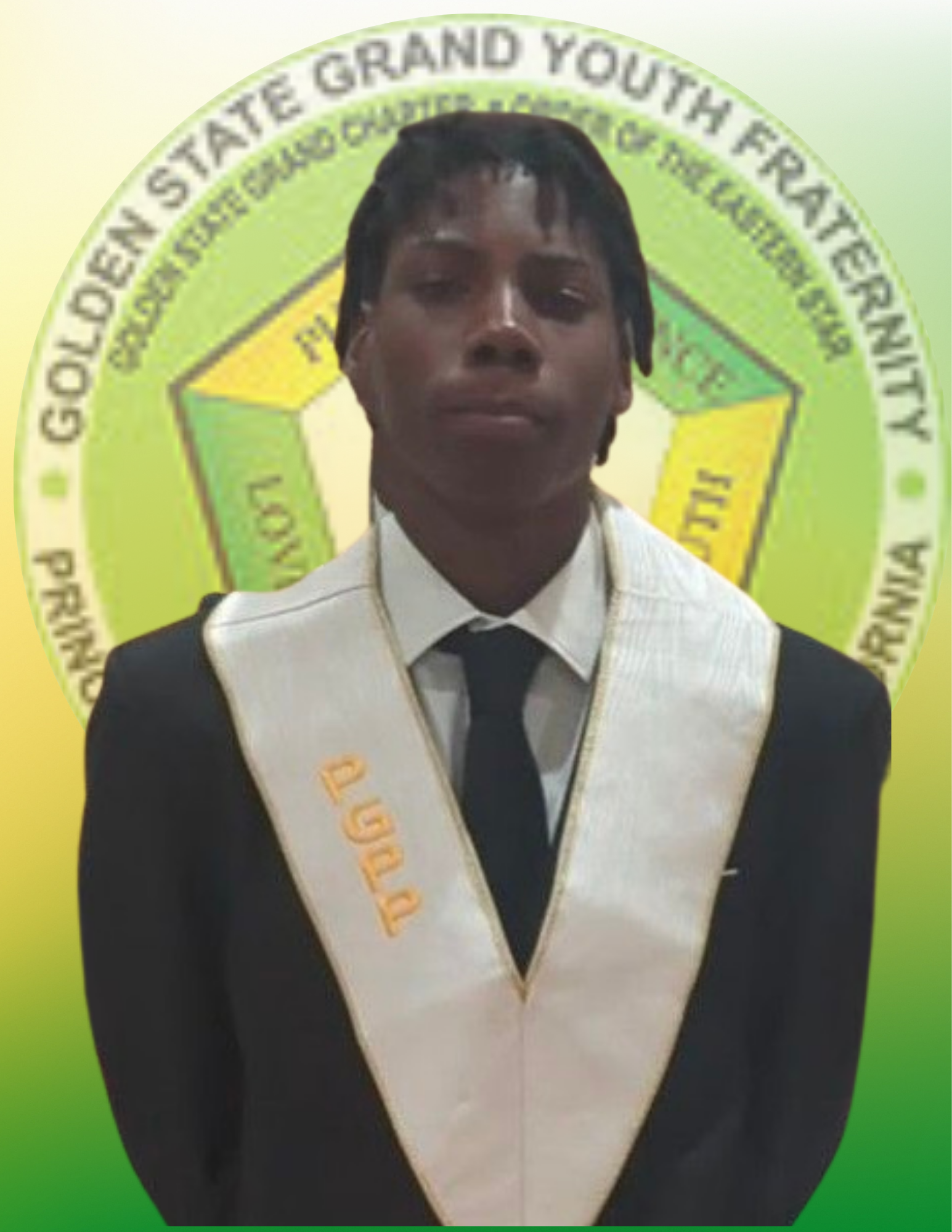Young man in formal attire with a sash, standing in front of a circular emblem that reads 'Golden State Grand Youth Federation'.