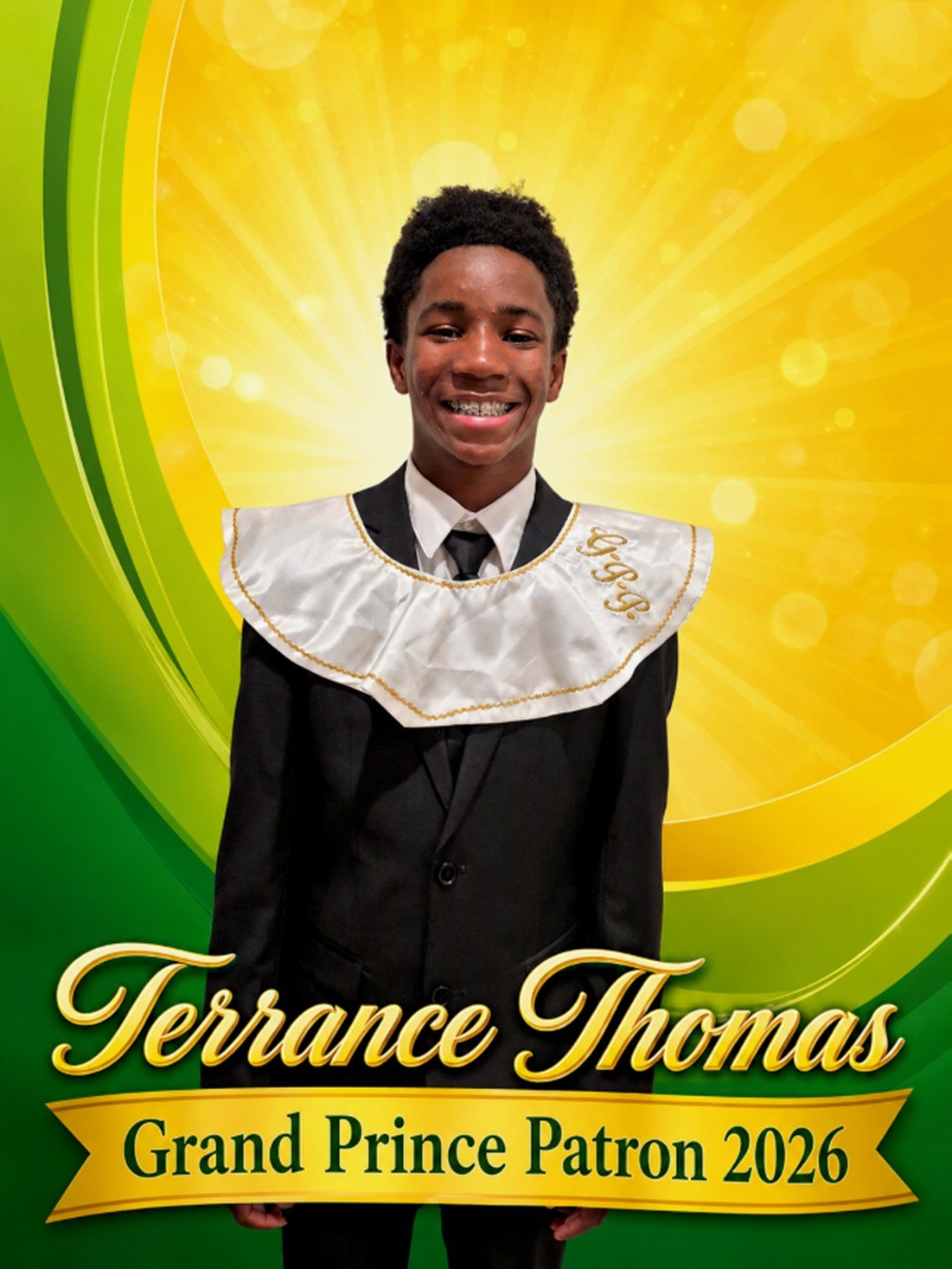 Young man in formal attire with a sash, standing in front of a circular emblem that reads 'Golden State Grand Youth Federation'.