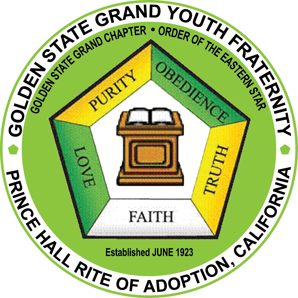 Seal featuring a pentagon with 5 colored sides labeled Love, Purity, Obedience, Truth, and Faith surrounding a Bible on a pulpit, with the outer green ring reading 'Golden State Grand Chapter - Order of the Eastern Star' and 'Established June 1923'.