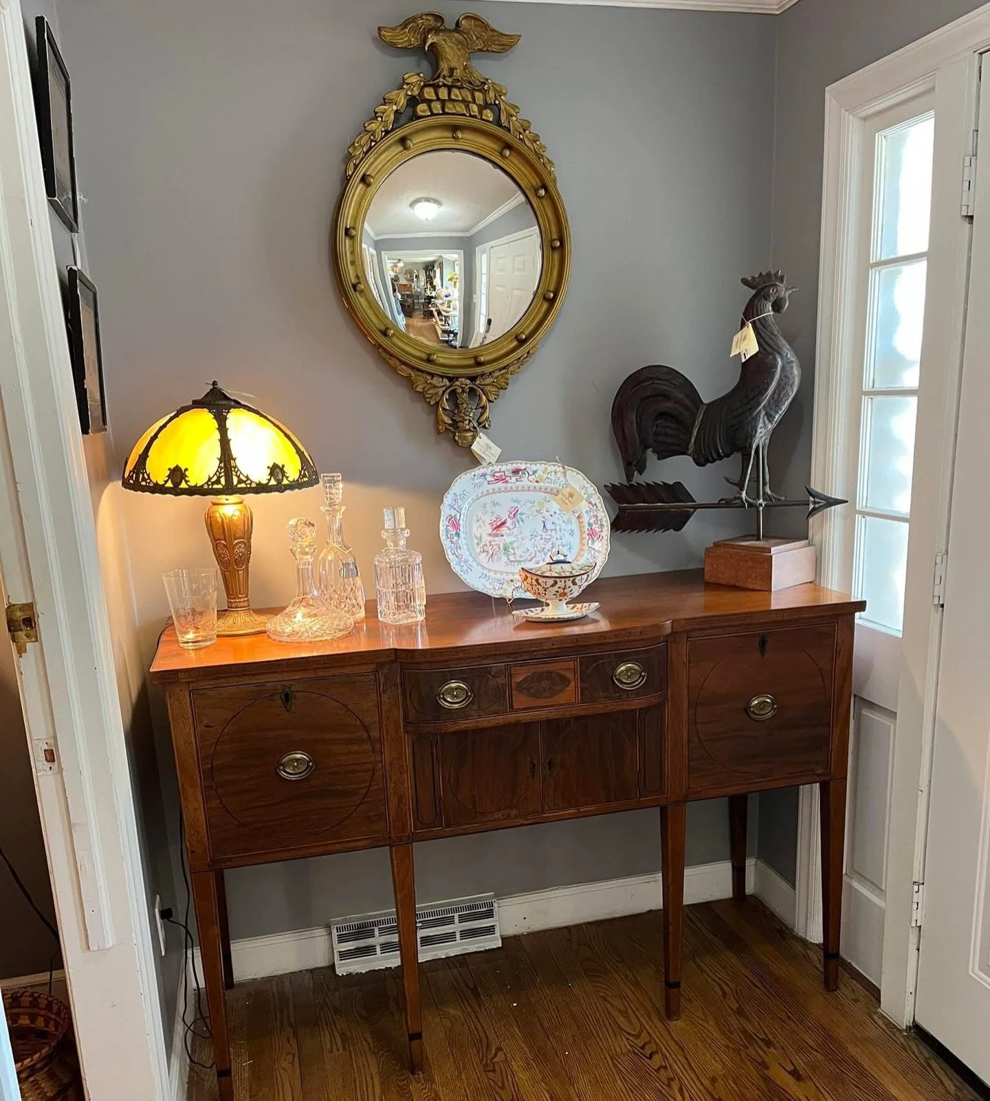 I&rsquo;m really excited to share this vignette with our followers and clients. Let&rsquo;s start with this fine Charleston Federal diminutive mahogany sideboard that we just acquired.

It features satinwood inlay and ebony-banded legs, with two deep