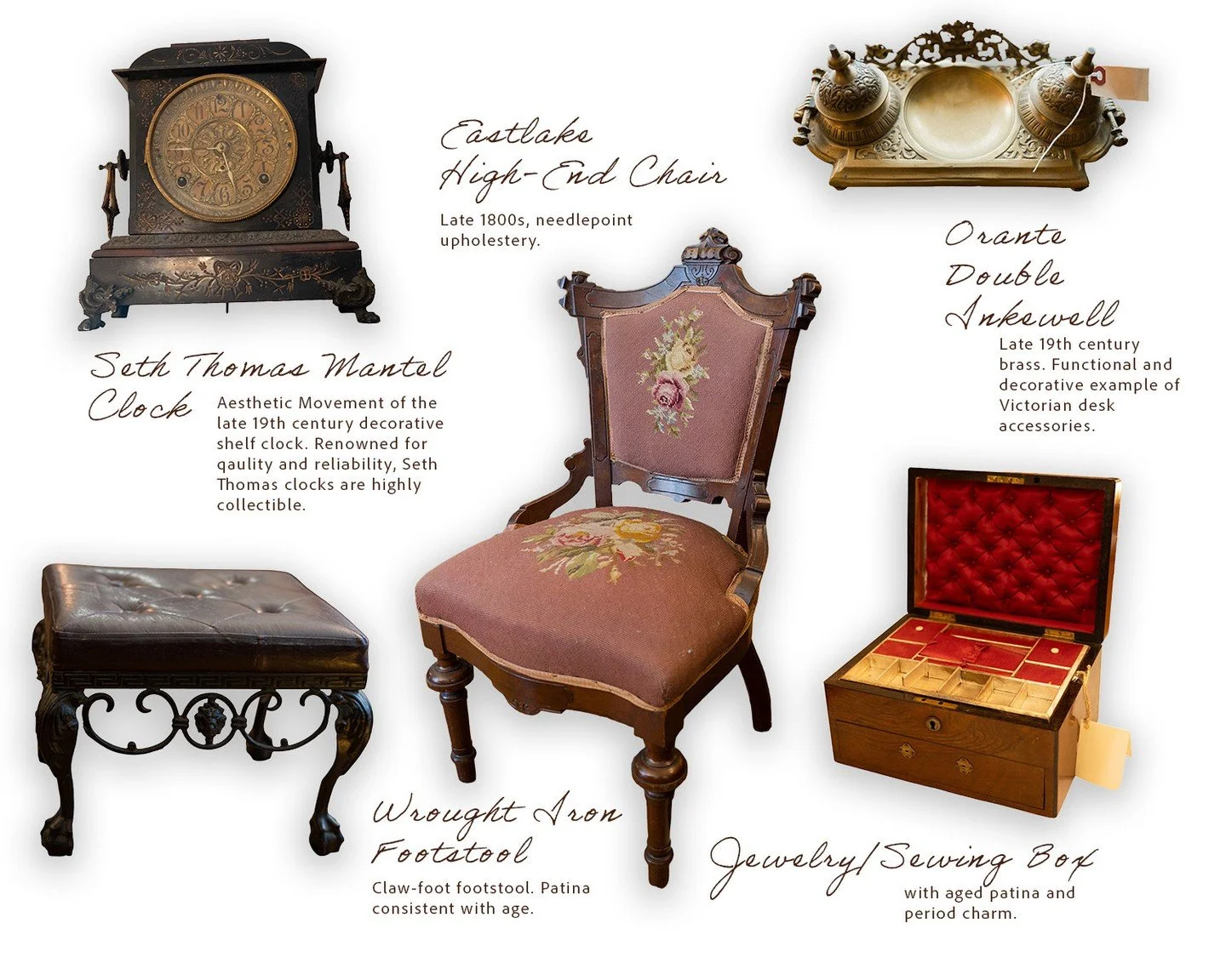 Victorian decor lovers, this one's for you. Five authentic late-1800s pieces &mdash; from a Seth Thomas mantel clock to an Eastlake needlepoint chair &mdash; all available now on our website. Link in bio. 🕰️