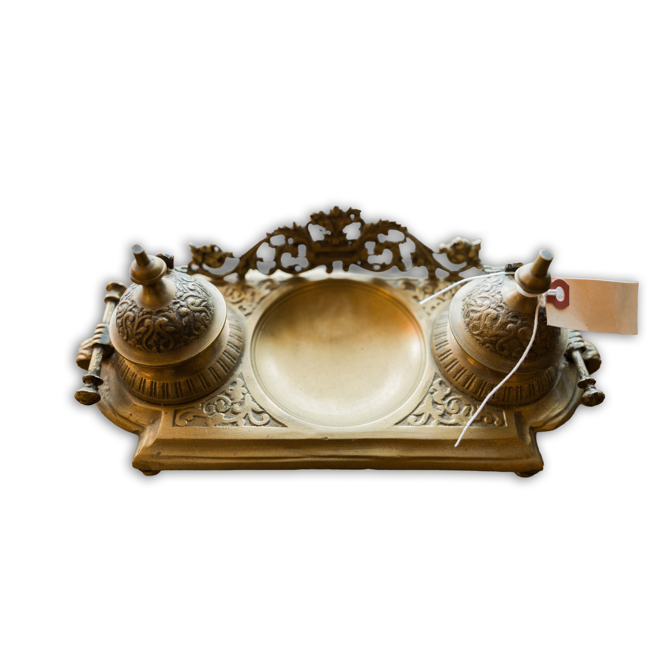 Ornate Antique Brass Double Inkwell