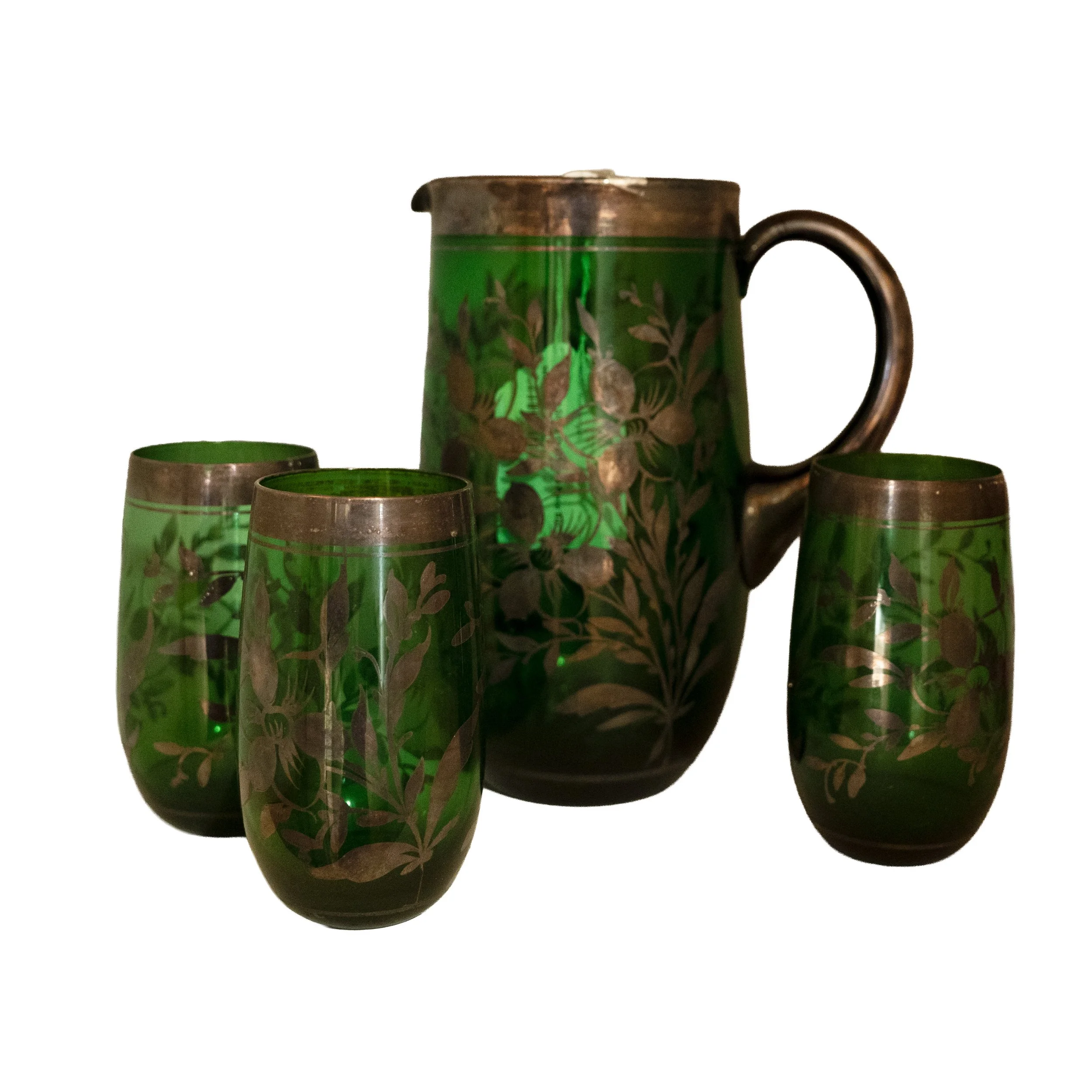 Greengia Silver Overlay 4-Piece Bar Set – Vintage Glassware Cocktail Set