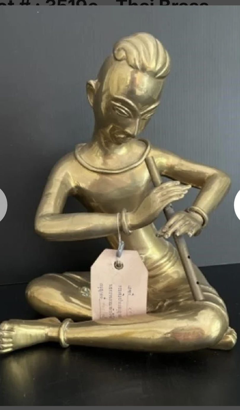 Thai Brass Statue of Musician Playing the Flute
