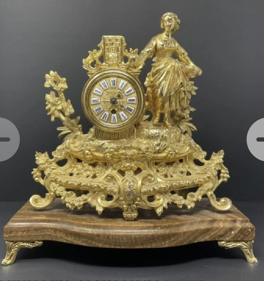 French Empire Mantle Clock - Gilded Bronze and Marble Base - 19th Century