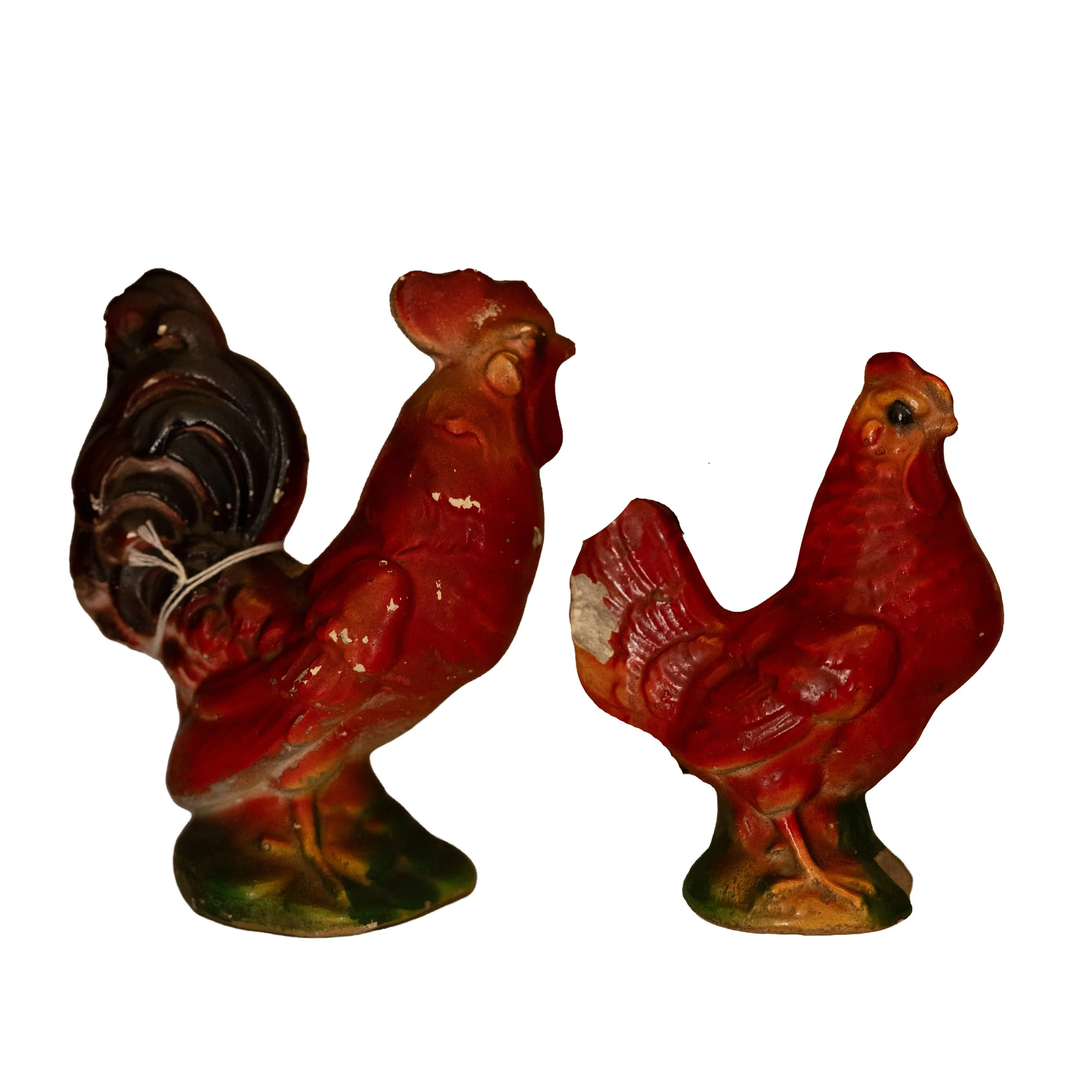 Antique Chalkware Chickens – Vintage Hand-Painted Figurines, Early 20th Century