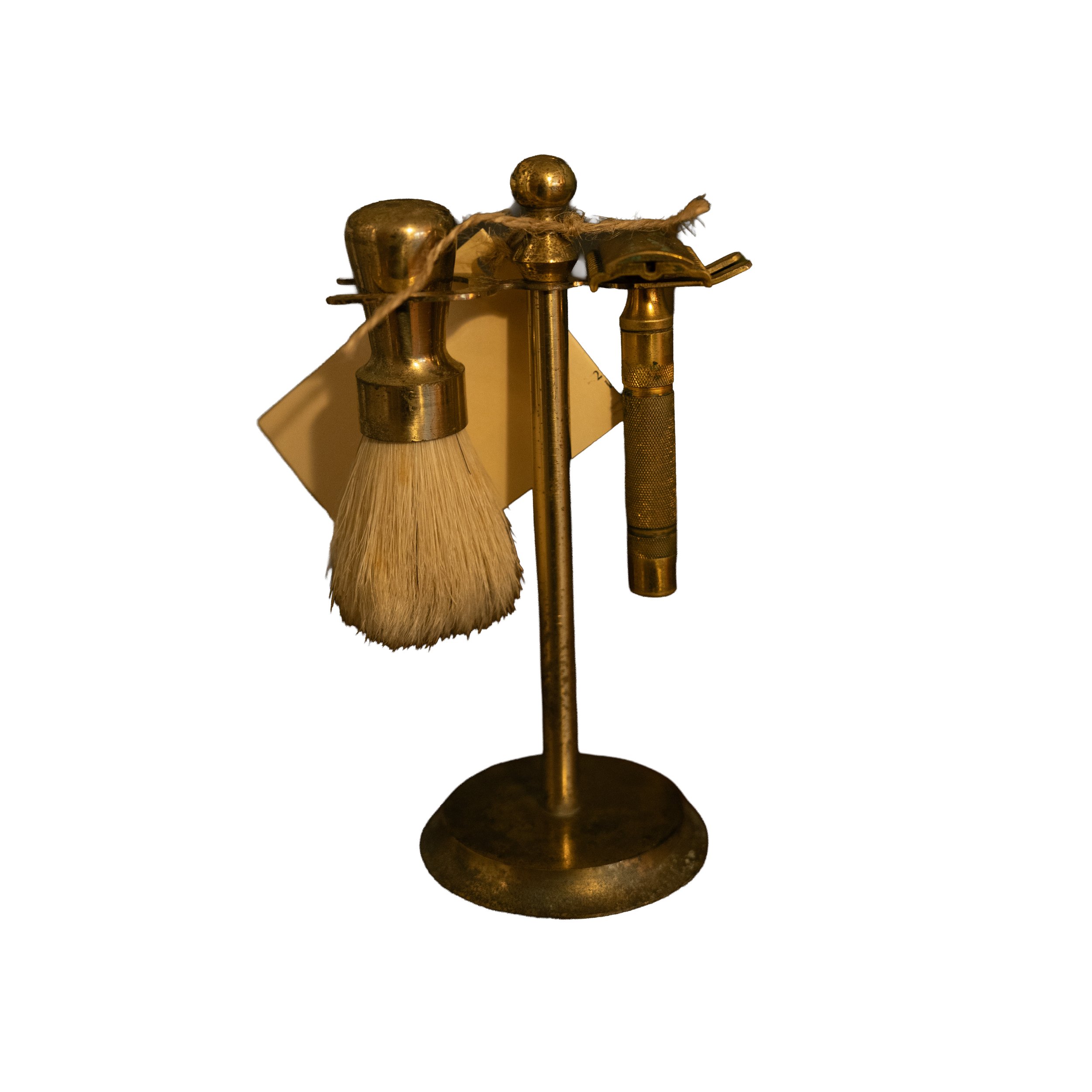 Mid-Century Brass Shaving Stand with Brush & Safety Razor – Vintage Grooming Set